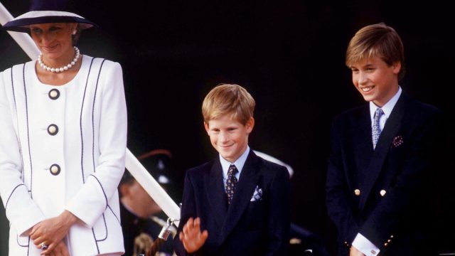Princess Diana, Prince Harry, And Prince William Watching The Parade Of Veterans On V J Day, The Mall, London.