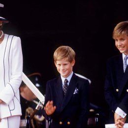 Princess Diana, Prince Harry, And Prince William Watching The Parade Of Veterans On V J Day, The Mall, London.