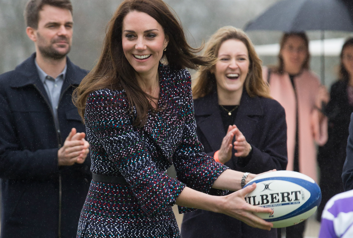 The Duchess of Cambridge has a go at rugby training with local school children during an event at the Trocadero in Paris, France, to highlight the ties between the young people of France and the UK on day two of their visit to the French capital.