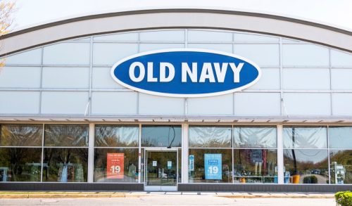 Bay Shore, New York, USA - 25 April 2020: The front of an Old Navy store in a strip mall empty due to the cdc rules during the coronavirus COVID-19 pandemic.