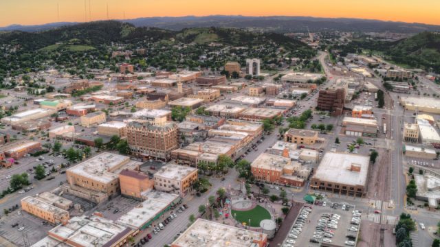 An aerial view of Rapid City, South Dakota at sunset