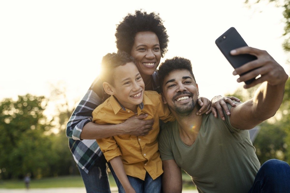 Happy family in the park taking selfie