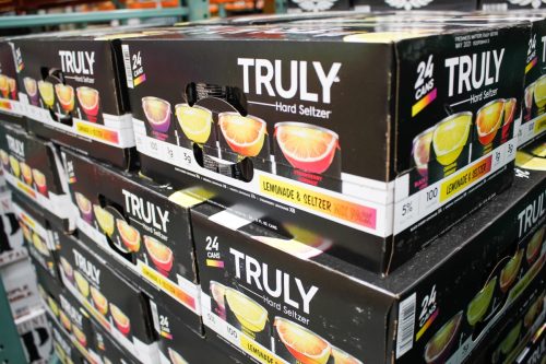 Los Angeles, California/United States - 07/01/2020: A view of several variety pack cases of Truly Hard Seltzer, on display at a local big box grocery store.