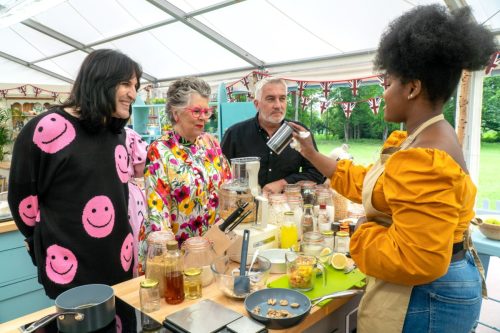 Noel Fielding, Prue Leith, Paul Hollywood, and contestant Rochica on The Great British Baking Show