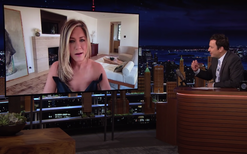 Jennifer Aniston appearing virtually on "The Tonight Show" in September 2021