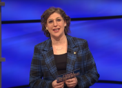Mayim Bialik hosting "Jeopardy!" in June 2021