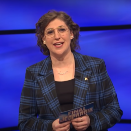 Mayim Bialik hosting "Jeopardy!" in June 2021