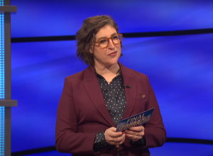 Mayim Bialik hosting "Jeopardy!" in June 2021