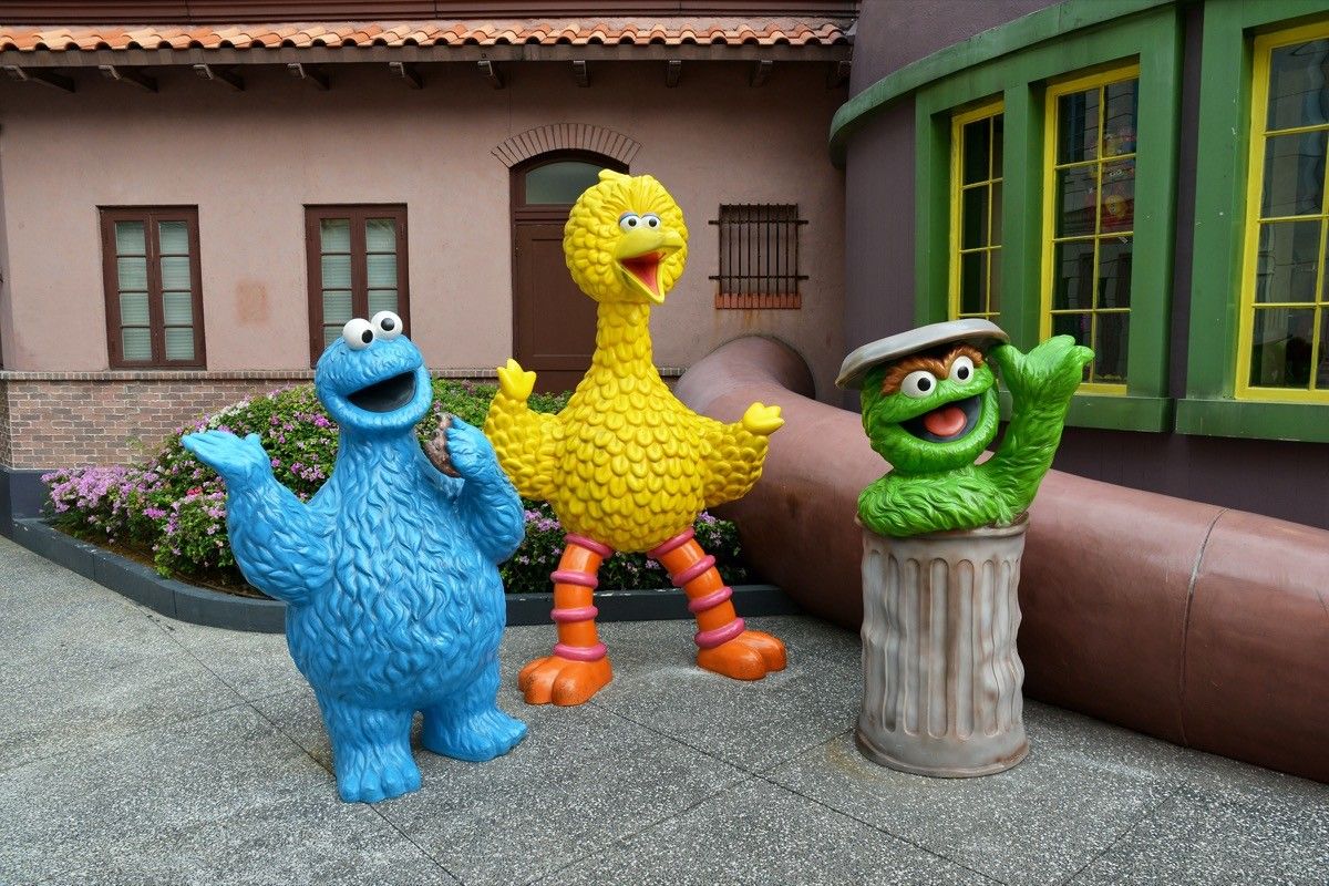 Cookie Monster, Big Bird, and Oscar the Grouch statues