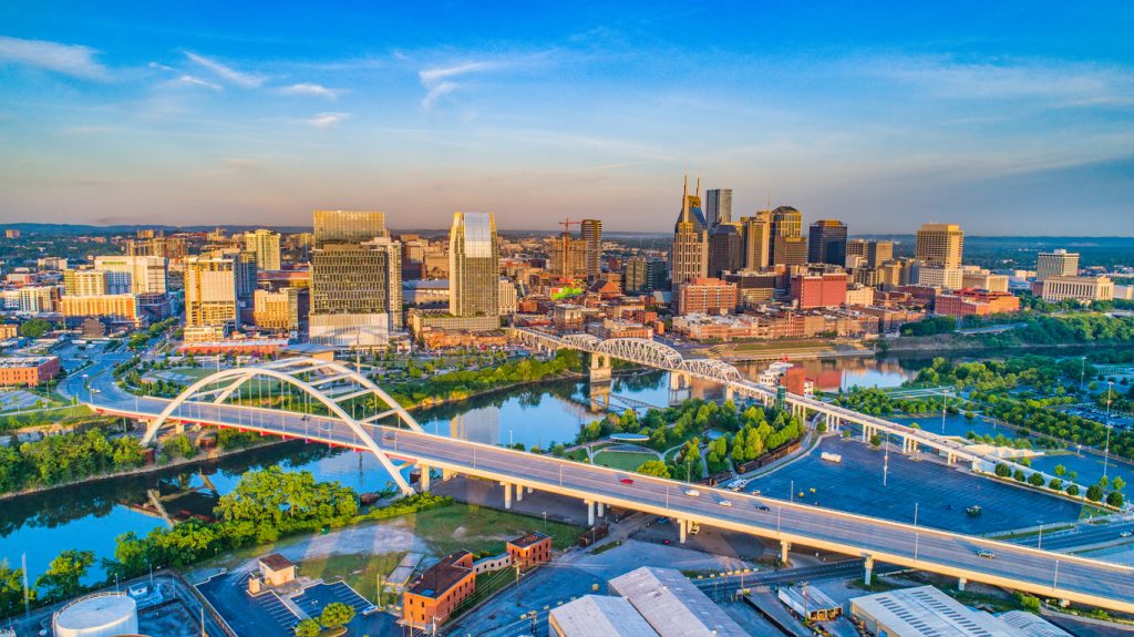 An aerial shot of the skyline of Nashville, Tennessee