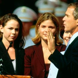 Bush twin daughters Barbara and Jenna (then 17) and wife Laura in Austin, Texas, January 19, 1999.