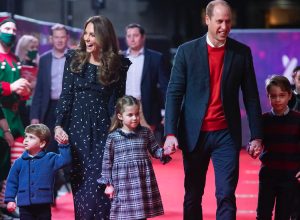 Prince William, Duke of Cambridge and Catherine, Duchess of Cambridge with their children, Prince Louis, Princess Charlotte and Prince George, attend a special pantomime performance at London's Palladium Theatre, hosted by The National Lottery, to thank key workers and their families for their efforts throughout the pandemic on December 11, 2020 in London, England.