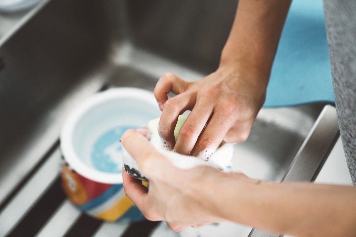 Unrecognizable woman hands washing dog bowl in the kitchen sink.