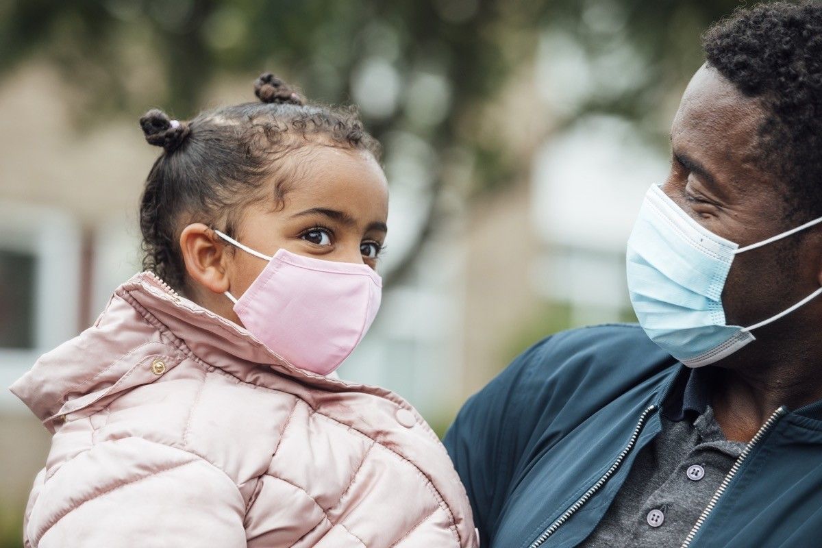 Close up of a young girl and her father wearing protective face masks during the Covid 19 pandemic outside.