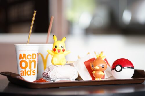Bangkok, Thailand - Nov 17, 2018 : A photo of Happy Meal set at McDonald's with Pokemon plastic toys launch to promote Pokemon let's go pikachu and Pokemon Let's go Eevee by Nintendo.