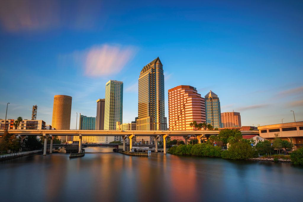 The skyline of Tampa Bay, Florida at sunset