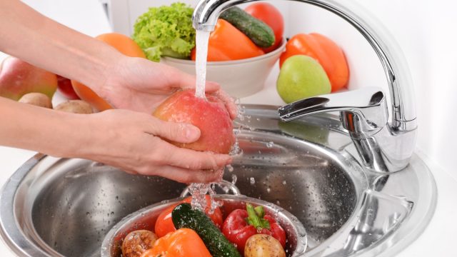 person washing fruits and vegetables in a metal kitchen sink
