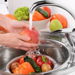 person washing fruits and vegetables in a metal kitchen sink