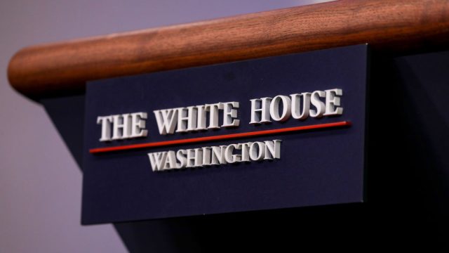 A close up of the rostrum in the White House press room