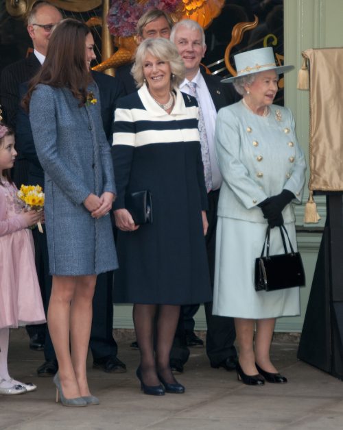 Catherine Duchess of Cambridge, Camilla Duchess of Cornwall, and Queen Elizabeth at Fortnum and Mason in London in March 2012