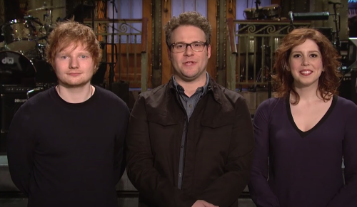Ed Sheeran, Seth Rogen, and Vanessa Bayer on "SNL" in 2014