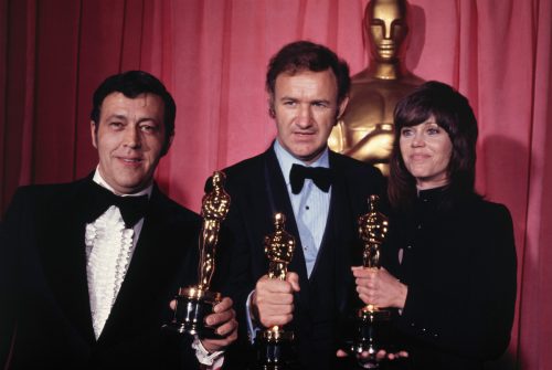 "The French Connection" producer Philip D'Antoni, Gene Hackman, and Jane Fonda with their Oscars at the 1972 Academy Awards