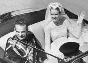 Prince Rainier and Grace Kelly waving to the crowd from an open car after their wedding in April 1956
