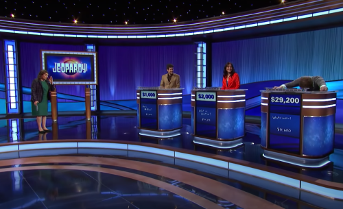 Mayim Bialik, Matt Amodio, Jessica Stephen, and Jonathan Fisher on "Jeopardy!"