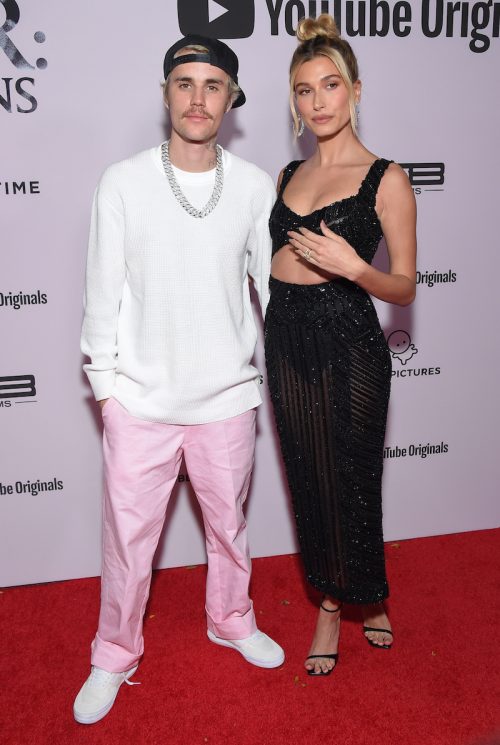 Justin and Hailey Bieber at the premiere of "Justin Bieber: Seasons" in January 2020