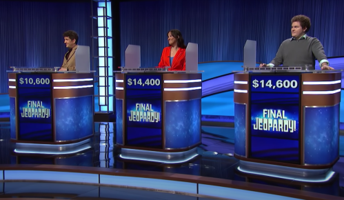 Matt Amodio, Jessica Stephens, and Jonathan Fisher on "Jeopardy!"