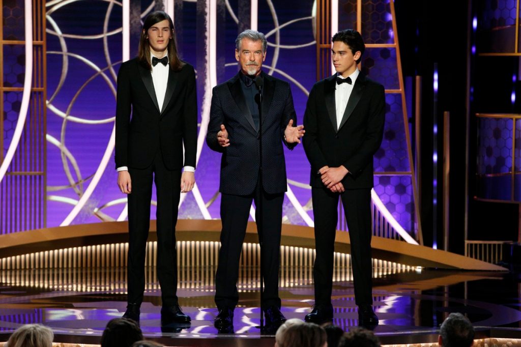 Pierce Brosnan and two sons on stage Golden Globes