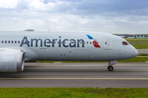 Amsterdam, Netherlands - May 21, 2021: American Airlines Boeing 787-9 Dreamliner airplane at Amsterdam Schiphol airport (AMS) in the Netherlands.