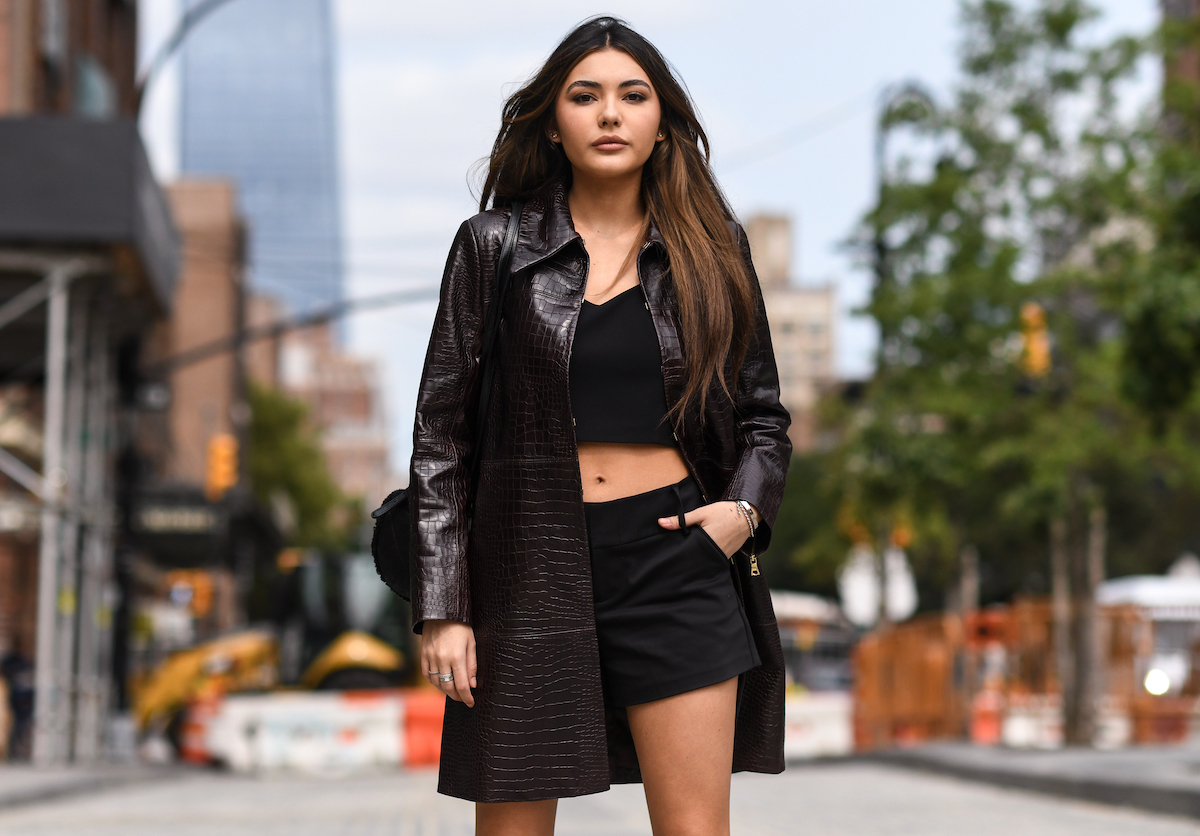 Atiana de la Hoya is seen wearing an Alice and Olivia coat, top and shorts outside the Alice and Olivia show during New York Fashion Week S/S21 on September 16, 2020 in New York City.