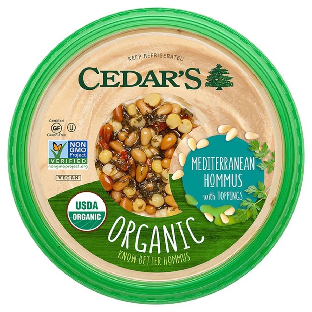 cedar's hummus container with green label