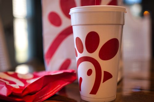 Dayton, OH- Mar 16, 2020; chick fil a food items on wooden table with blurred background
