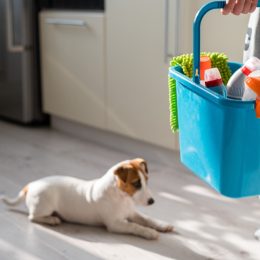 person holding blue bucket of cleaning supplies in kitchen with dog