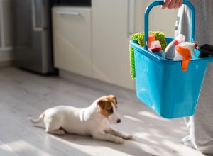 person holding blue bucket of cleaning supplies in kitchen with dog