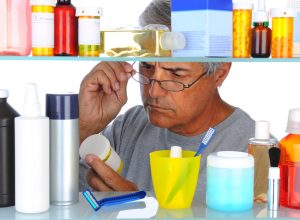 Man reading a prescription label in front of his bathroom Medicine Cabinet