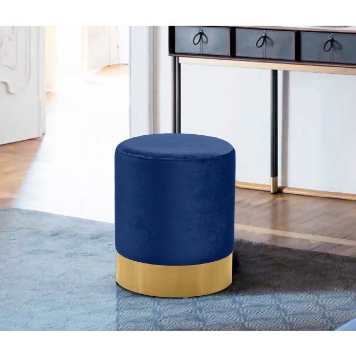 blue velvet ottoman with gold metal band