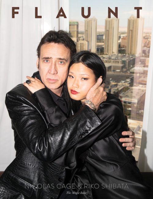 Nicolas Cage and Riko Shibata on the cover of "Flaunt" magazine