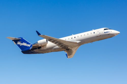 Phoenix, Arizona – April 8, 2019: SkyWest Bombardier CRJ-200 airplane at Phoenix Sky Harbor airport (PHX) in Arizona.