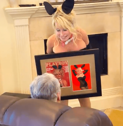 Dolly Parton in her Playboy costume and Carl Dean in July 2021