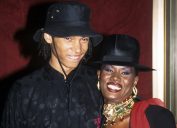 Paulo Goude (son) and Grace Jones at Planet of the Apes Zeigfield premiere, New York, July 23, 2001. (Photo by Steve Eichner/Getty Images)