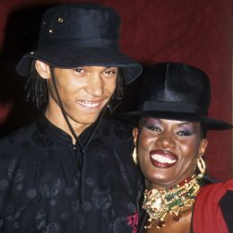 Paulo Goude (son) and Grace Jones at Planet of the Apes Zeigfield premiere, New York, July 23, 2001. (Photo by Steve Eichner/Getty Images)