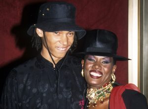 Paulo Goude (son) and Grace Jones at Planet of the Apes Zeigfield premiere, New York, July 23, 2001. (Photo by Steve Eichner/Getty Images)