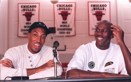 Scottie Pippen and Michael Jordan during a press conference in 1995
