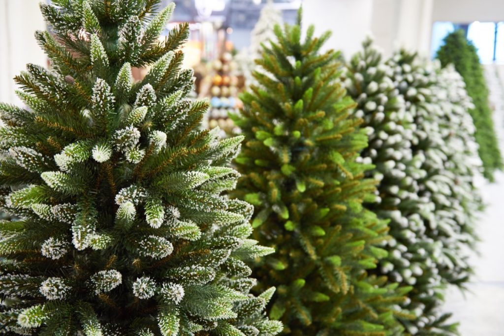 artificial christmas trees in a store