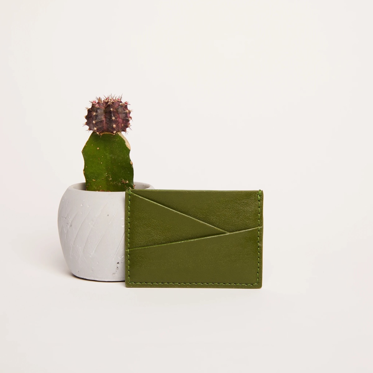green business card holder next to cactus