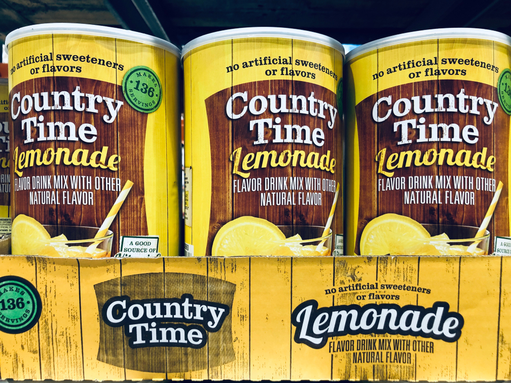 A case of Country Time Lemonade containers