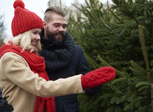 A young couple shopping for a Christmas tree